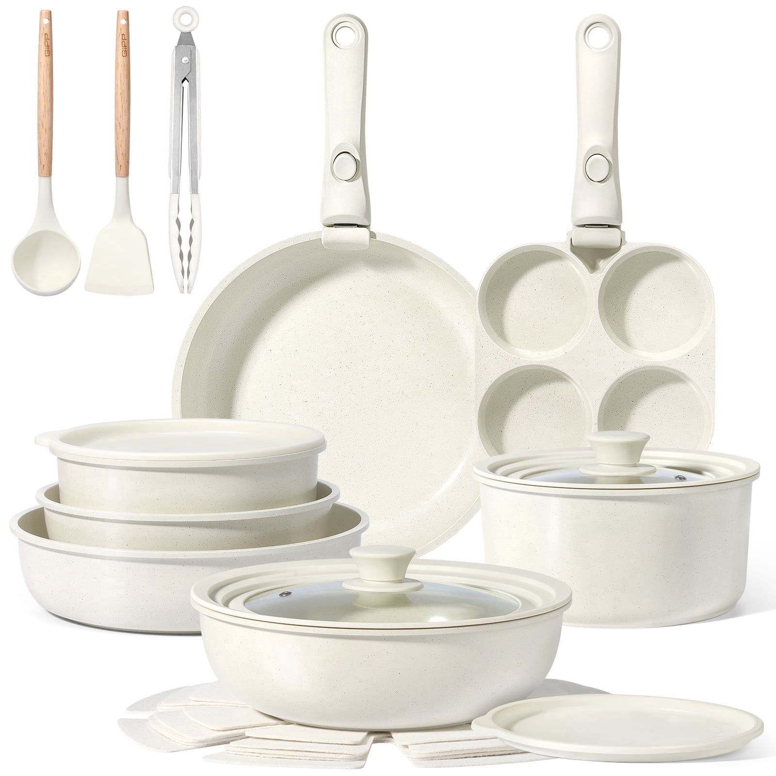 Gipp 21 Piece Ceramic Pots and Pans Set Non Stick, Cookware Set with Detachable Handles, Safe for Ovens and Dishwashers,Induction Cookers RV Kitchen