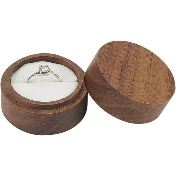 Round Walnut Wooden Ring Box 4.9x3.6cm Solid Wood Jewelry Single Ring Storage Box with White Velvet Inside 1 Slot for Proposal Engagement Wedding White
