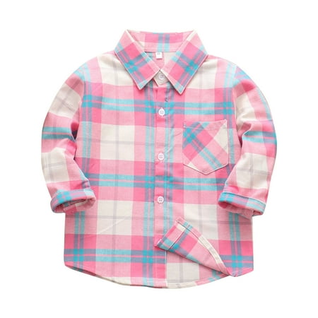 

Kids Girls Boys Flannel Jacket Plaid Stripe Long Sleeve Lapel Button Down Shirt Top Coat Outwear Size 130 Pink