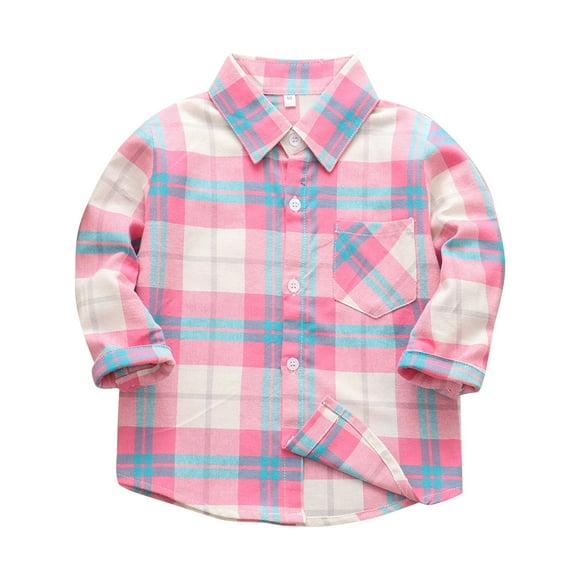 Breezora Classic Plaid Flannel Shacket For Kids Button Down Long Sleeve Lapel Shirt Jacket Cozy Fall And Winter Layering Top 150 Size Pink