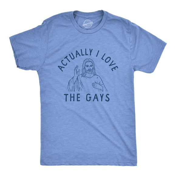 Mens Actually I Love The Gays T Shirt Funny Holy Jesus Religion Christian Tee for Guys (Light Heather Blue - LOVE) - S