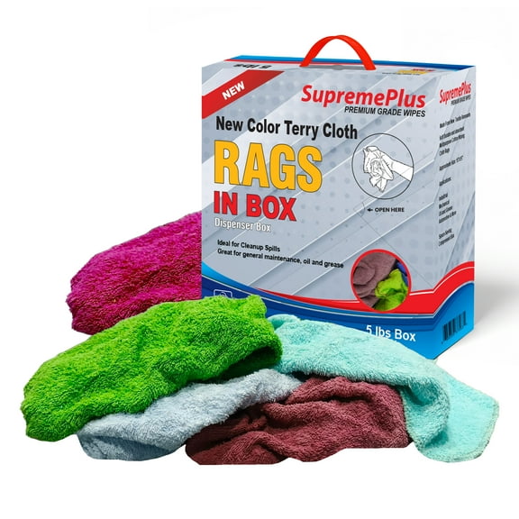 SupremePlus New Assorted Colors Terry Cloth Cleaning Rags 5 lbs Compressed Box of Rags Commercial Reusable Cotton Dust Cloths, Multicolor, 20 Count