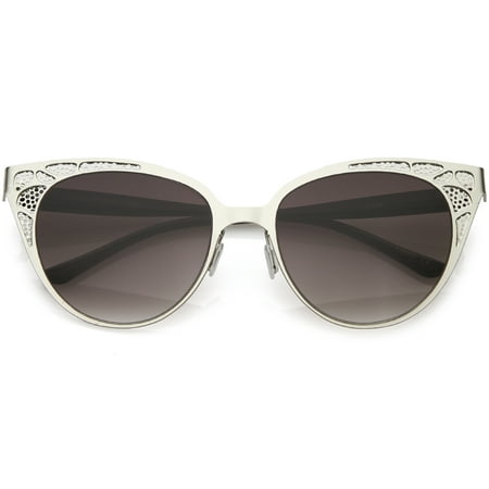 Retro Cat Eye Sunglasses Perforated Metal Oval Neutral Color Flat Lens 54mm (Silver / Lavender)