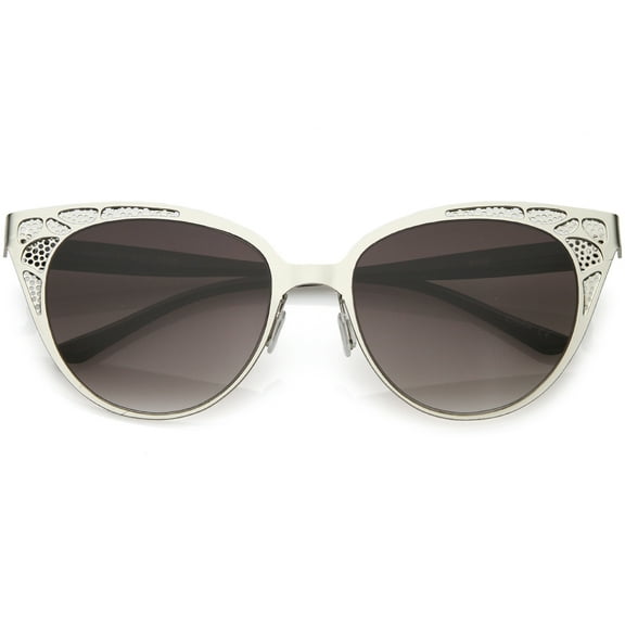 Retro Cat Eye Sunglasses Perforated Metal Oval Neutral Color Flat Lens 54mm (Silver / Lavender)