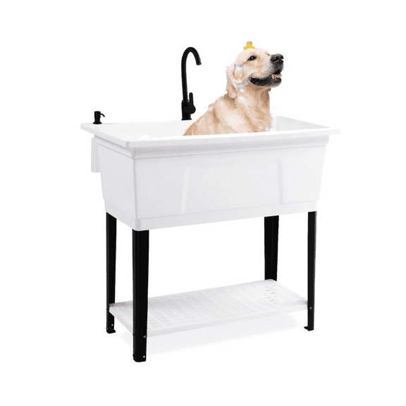 Ktaxon 27 Gallon Plastic Utility Sink with Hot/Cold Faucet, 36" Freestanding Laundry Tub with Iron Legs, Storage Shelf, Drain Board, Soap Dispenser and Pop-up Button for Bathroom, Laundry Room, White