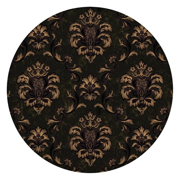 Round Elastic Tablecloth,Waterproof Table Cover,Black Gold Baroque Table Cloth Fits 45"-52" Round Tables for Dinner, Outdoor, Picnic, Flowers