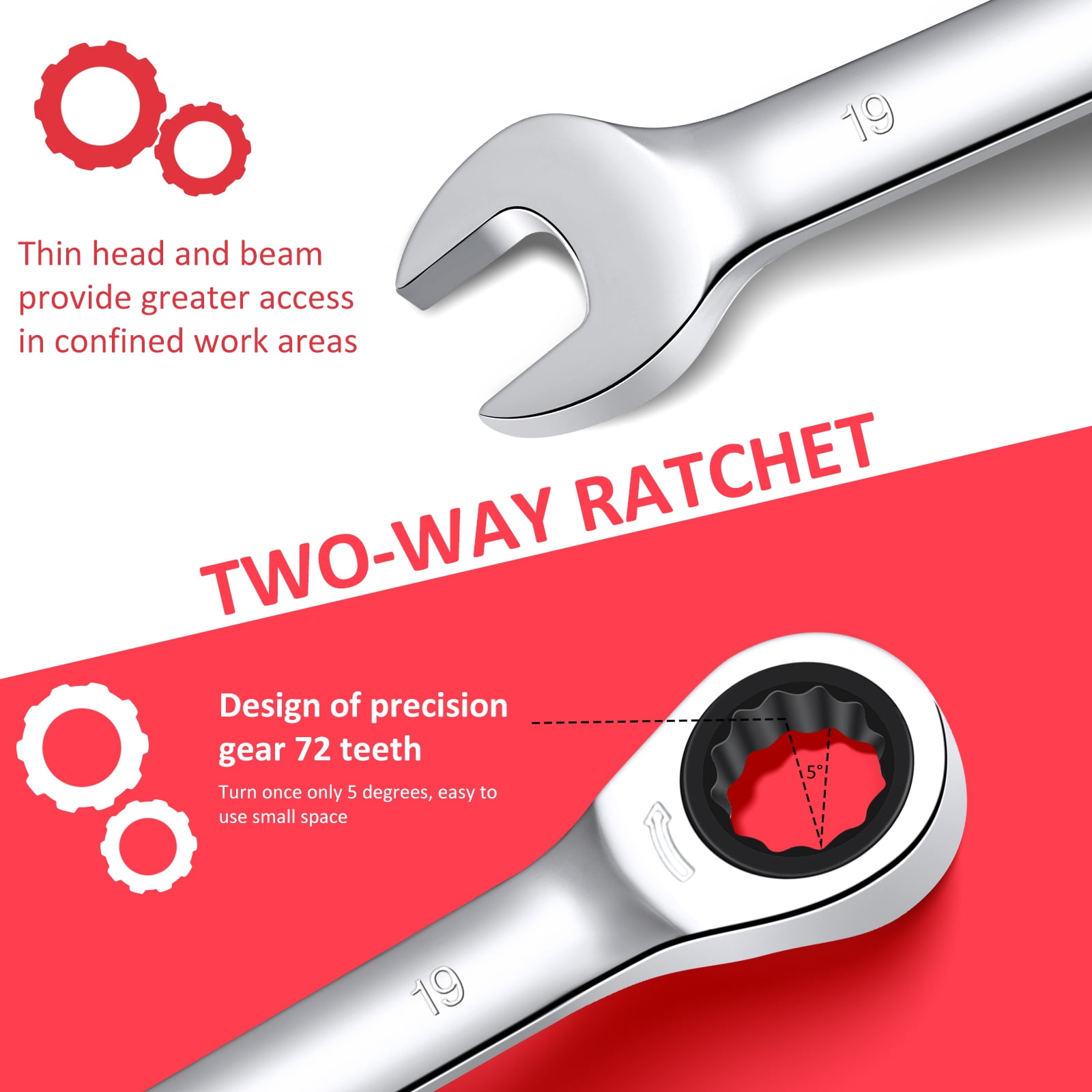 Mescukay Flex-Head Wrench Set of 12, Ratcheting Combination Set, Metric 8-19mm, 72-Teeth,Cr-V Steel Ratchet Wrenches Set with Storage Bag for home/car/bike etc