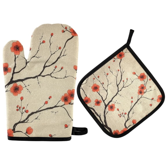 Yayeee Oven Mitts and Pot Holder Set of 2 Heat Resistant Kitchen Gloves Baking Hot Pad, Red Floral Pattern