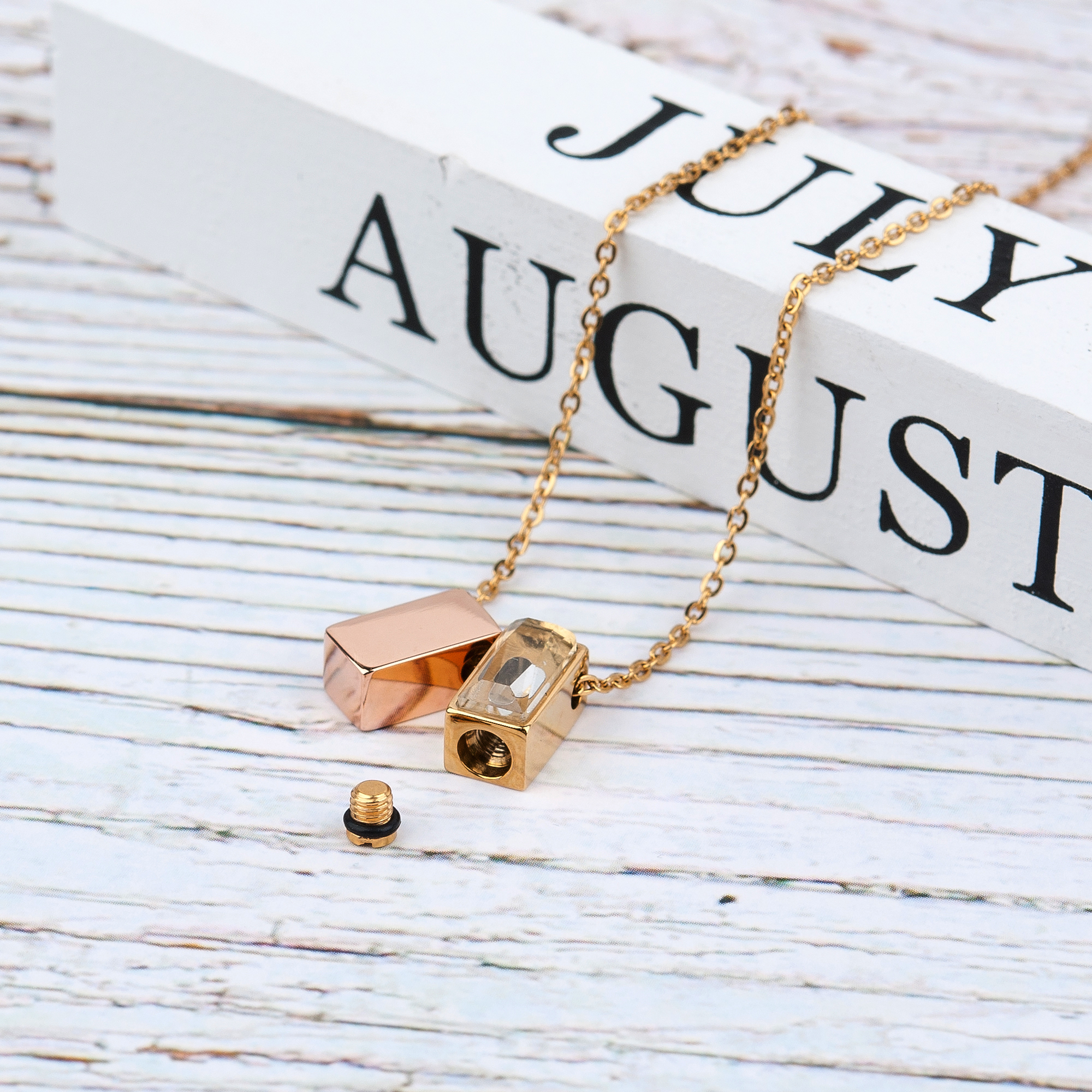 Anavia See You Cremation Necklace for Ashes, Mini See Through Urn Necklace, Mini Cube Cremation Pendant, Cremation Jewelry, Memorial Jewelry, Mini Urn-[Rose Gold & Gold]