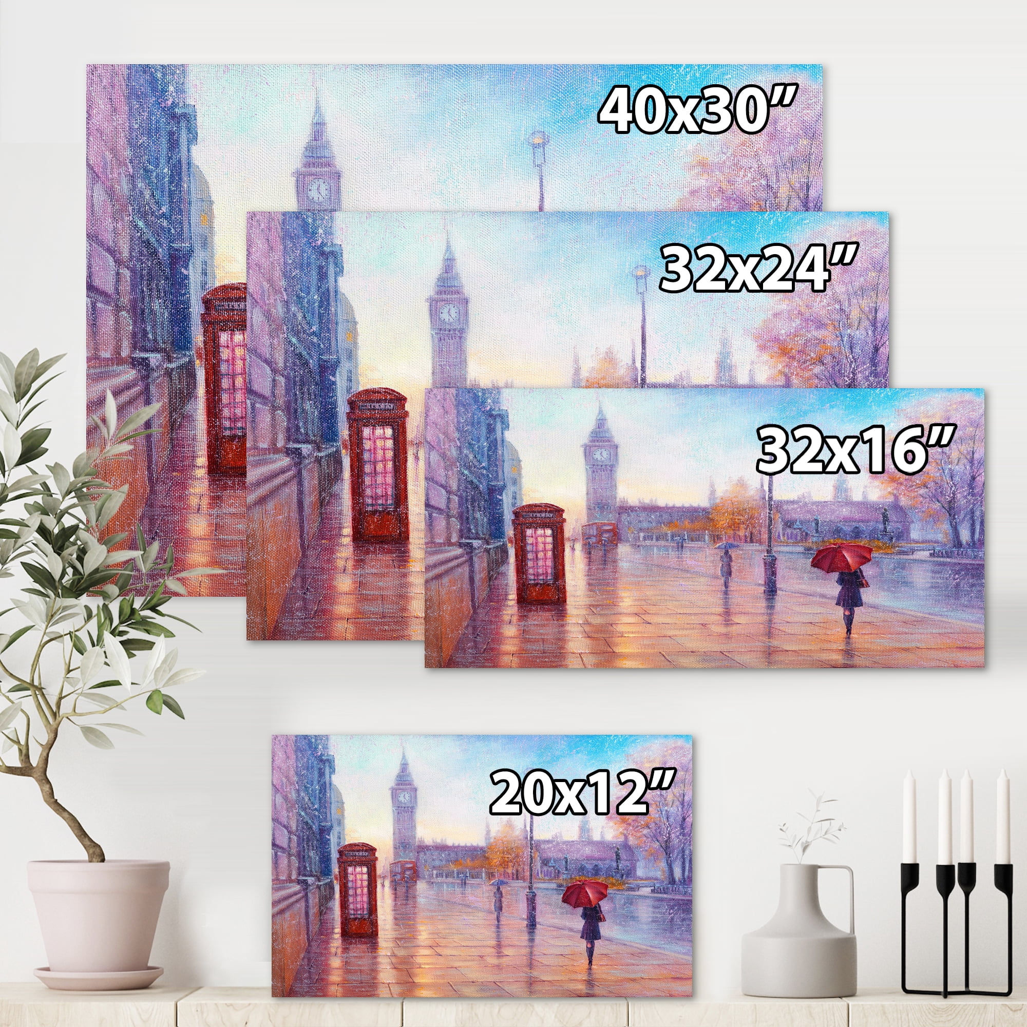 Designart ' Big Ben and Woman With Red Umbrella In London Street ' French Country Canvas Wall Art Print