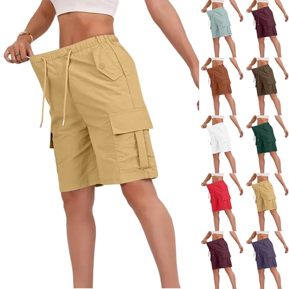 Women's Bermuda Cargo Shorts Casual Summer Shorts with Pockets Plus Size Loose Fit Elastic Waist for Hiking 2026, M