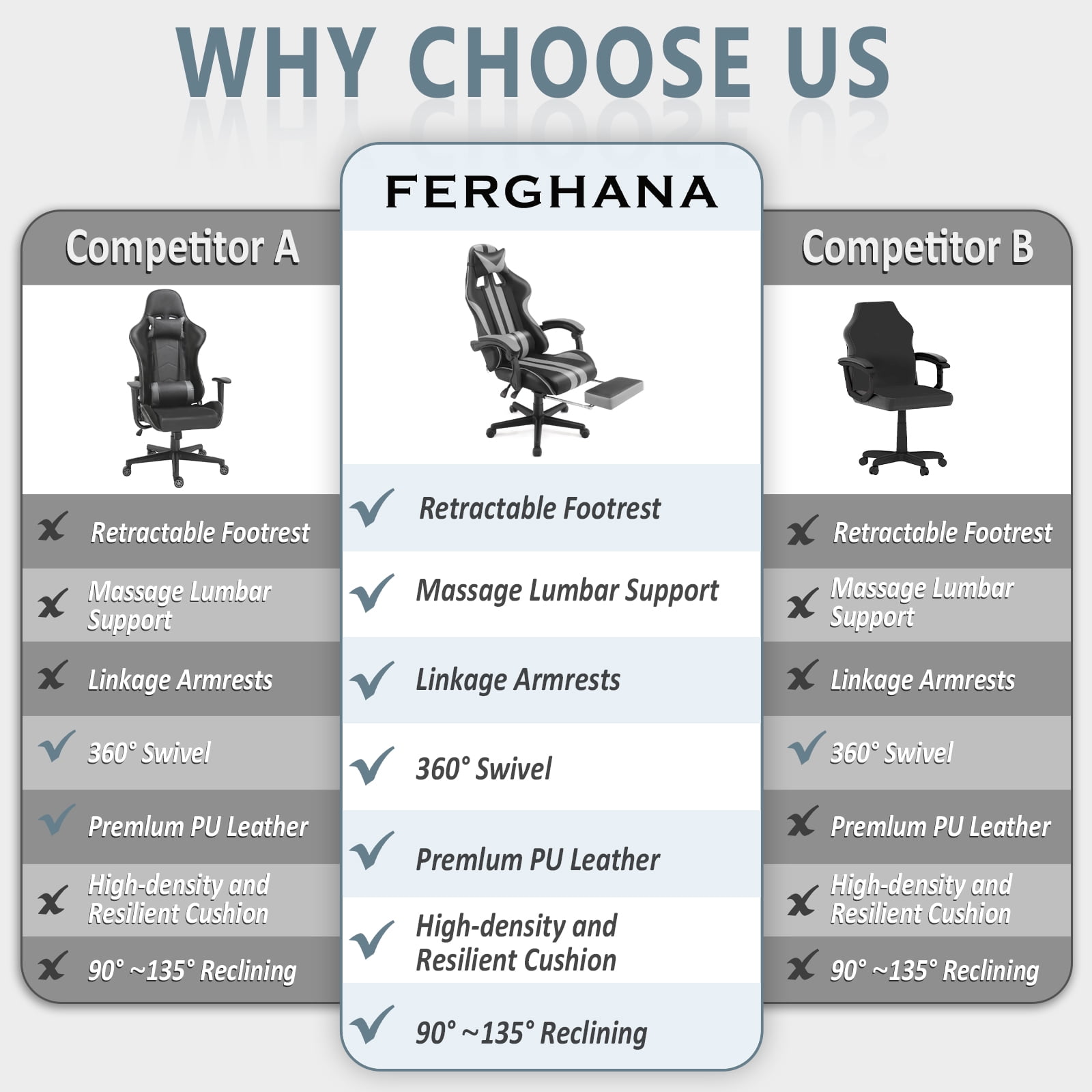 Luxvie Gaming Chair with Footrest High Back Computer Office Gamer Chair with Massage and Headrest Lumbar Support Swivel Seat Ergonomic Game Chair for Adults, Gray