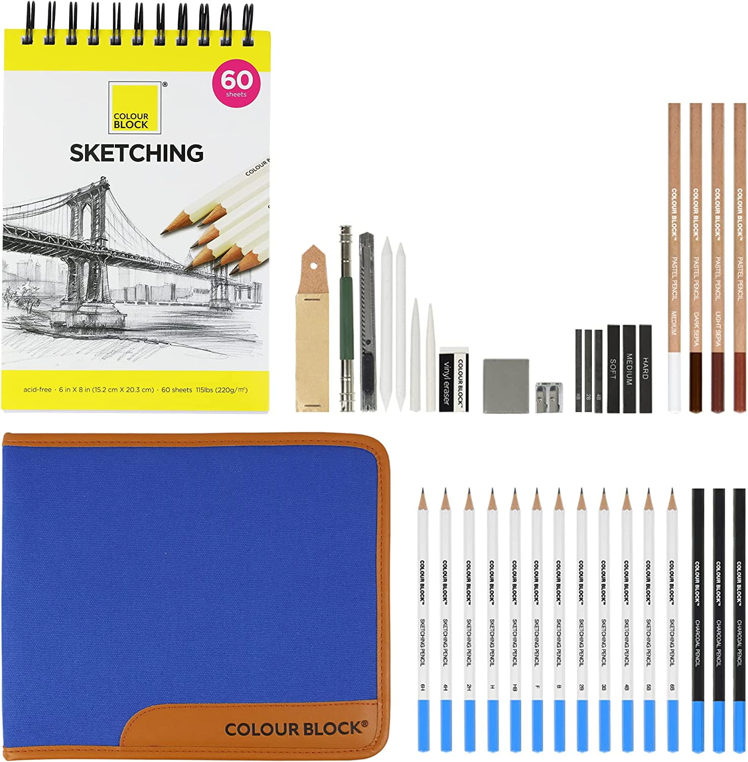 COLOUR BLOCK 37pc Sketching Travel Art Set with 60-Sheet Pad, Pencils, Charcoal, Graphite Sticks, and Tools for Artists on the go
