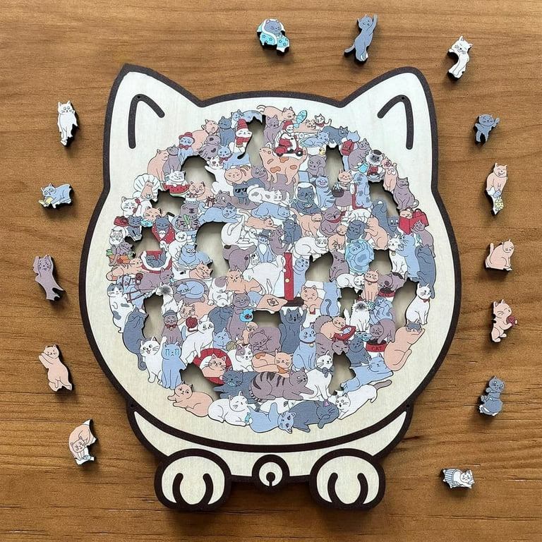 Moderobot 135-piece Morandi-colored cat-shaped wooden puzzle, a