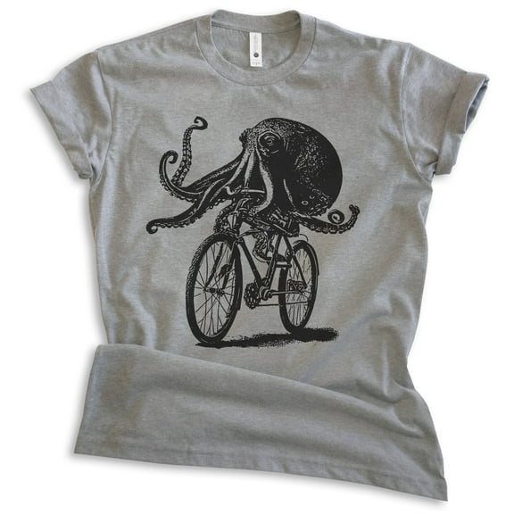 Octopus Riding Bike T-shirt, Unisex Women's Men's Shirt, Funny Octopus On Bicycle Ride Animal Lover, Dark Heather Gray, Medium