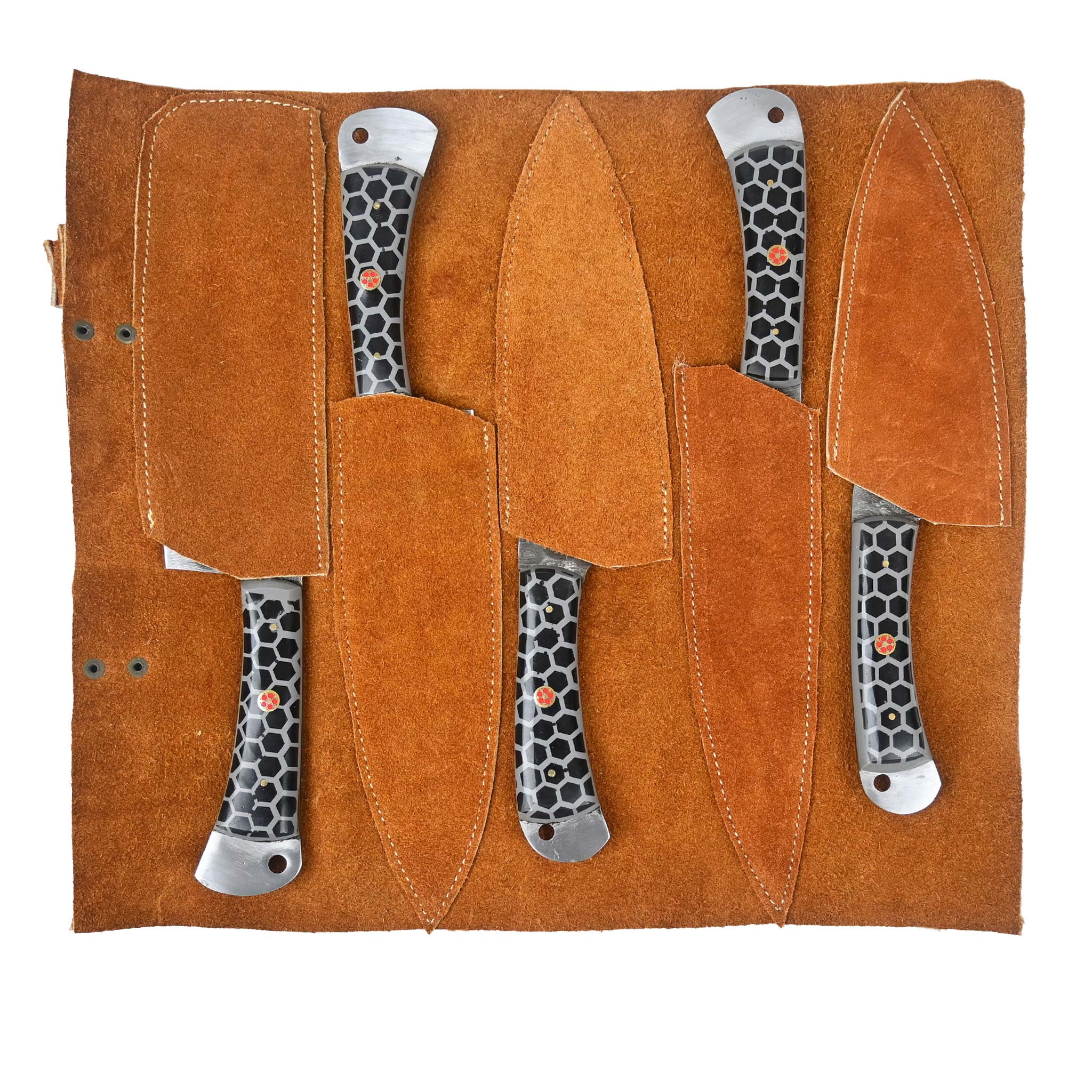 Damascus Kitchen Knife Set 5 Piece, High Carbon Steel Chef Knives with Resin & Mosaic Handles, Razor Sharp with Leather Sheath