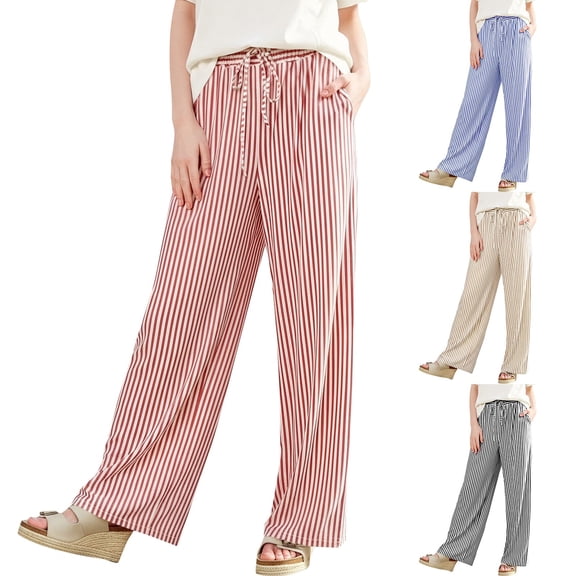 Women's Soft Stretch Mid Waist Striped Pants with Pockets, Elastic Waistband Tummy Control Slim Fit Trousers, Casual Summer Comfy Pull On Palazzo Bottoms, Office Work | TruBelle,Black L
