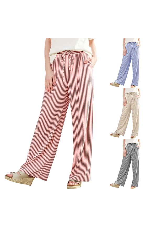 Striped Pants Women Casual Summer Wide Leg Beach Vacation Pant Trendy Elastic Waisted Drawstring Trousers with Pockets Black XL