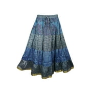 Mogul Womens Blue Maxi Skirt Tiered Printed Vintage Indian Sari Long Skirts