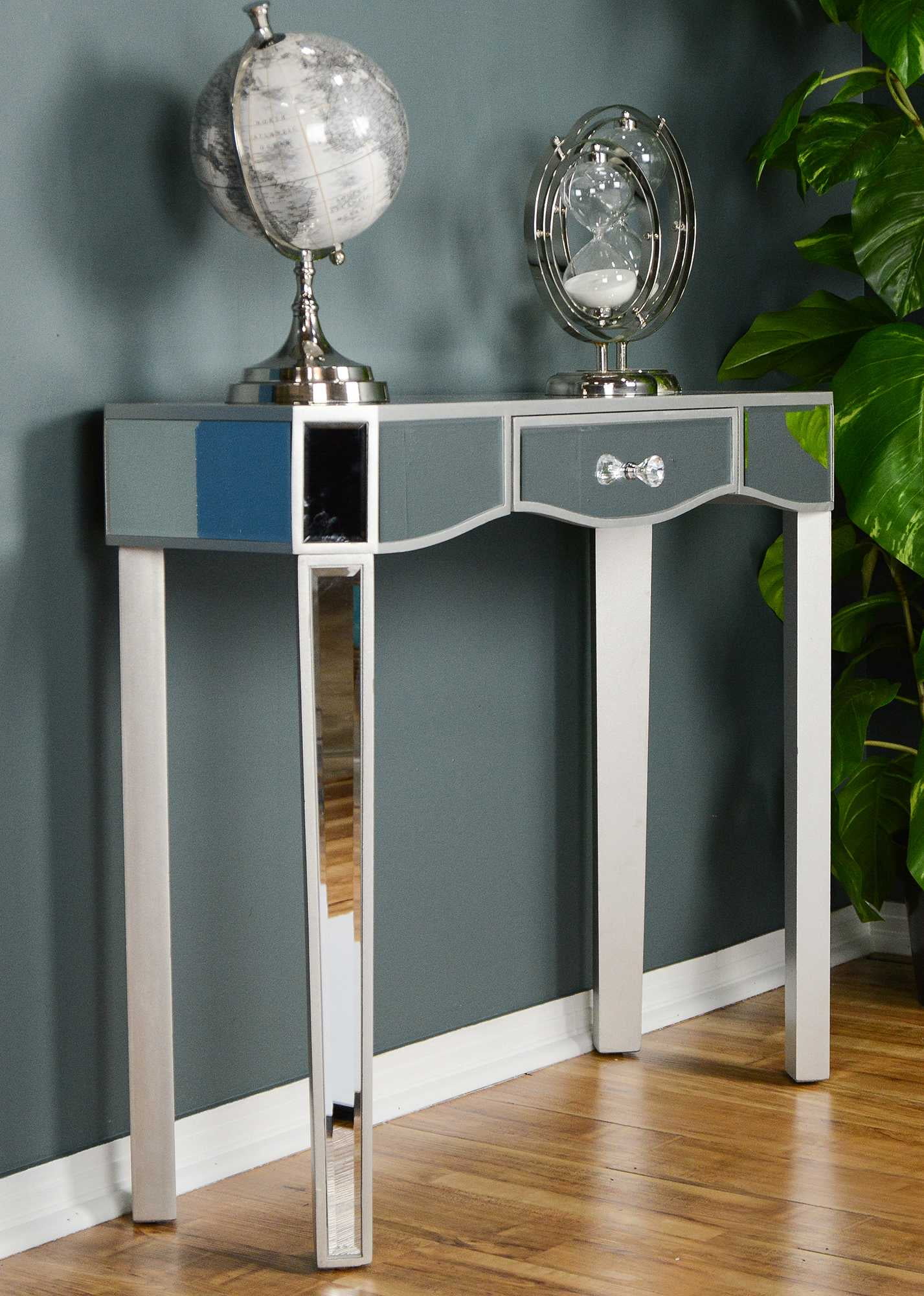 31' Silver Console Table with a Mirrored Glass Top and a