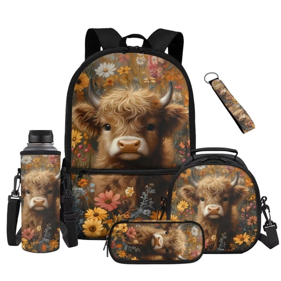 Yuyamidu Highland Cow School Backpack for Girls 6-8, 2nd-3rd Grade, 17 Inch Lightweight Bookbag Set with Lunch Box, Water Bottle Sleeve, Pencil Case & Keychain 5 Piece Back to School Supplies