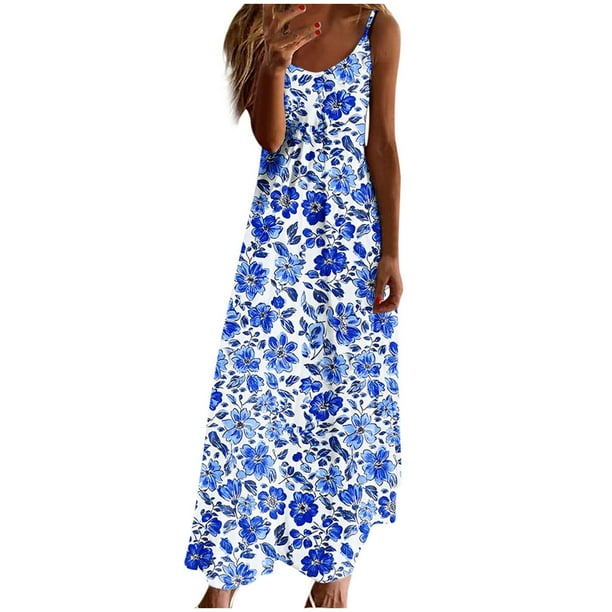 Vestidos de Verano con Cuello en V para las Mujeres 2025 Imprimir Vestido de Cuello Redondo sin Mangas Vestidos Largos Casuales, Ligeros Y de Moda