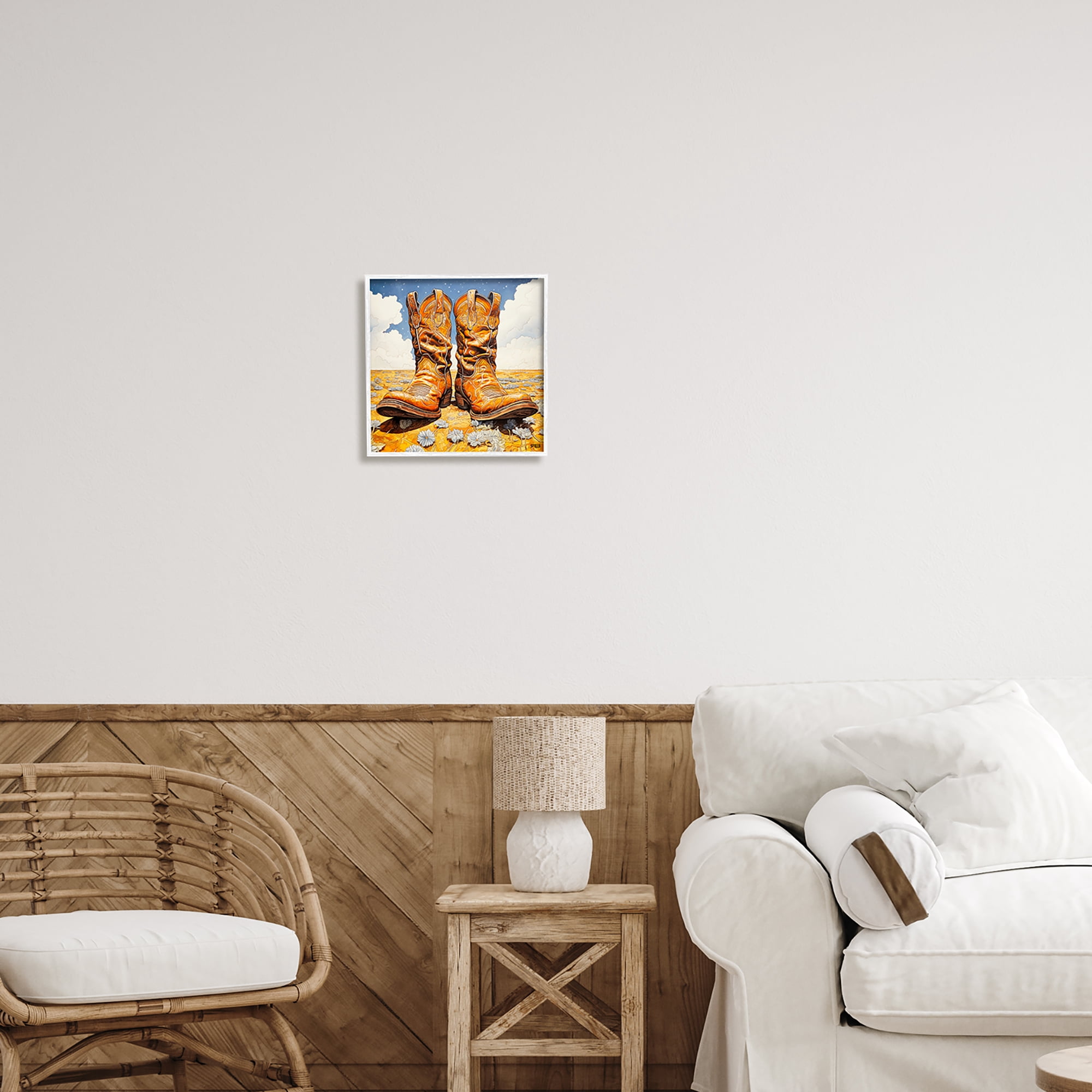 Stupell Industries Cowboy Boots Cloudy Landscape Landscape Painting White Framed Art Print Wall Art, 12 x 12
