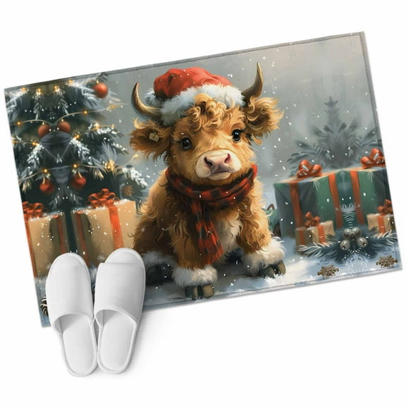 Christmas Cow Bathroom Mat 2x3 FT, Non Slip Small Kitchen Mat, Vintage Painting Winter Snowy Xmas Tree Washable Soft Backed Front Door Throw Rug Non-Shedding Indoor Outdoor Doormat for Entryway Sink