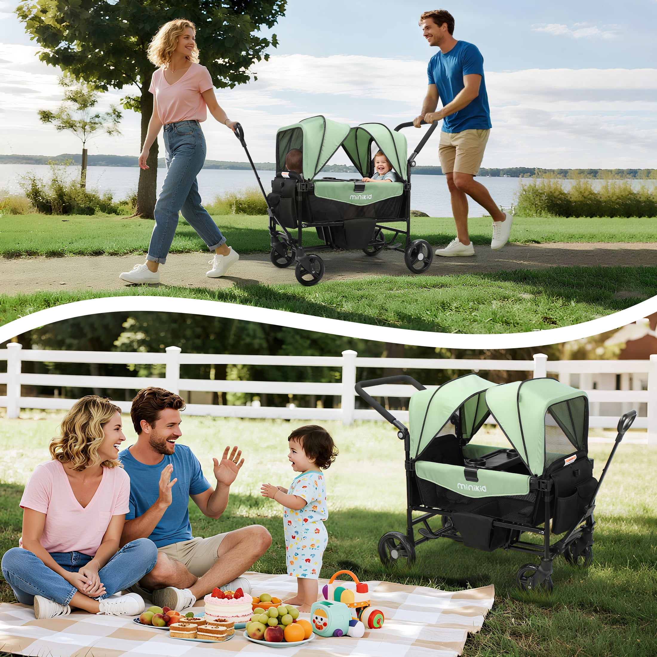 Minikid Baby Stroller Wagon for 2 Kid,Push Wagon Stroller with Canopy,Removable Dinner Plate, 5-Point Harness,Adjustable Handle Bar,Green