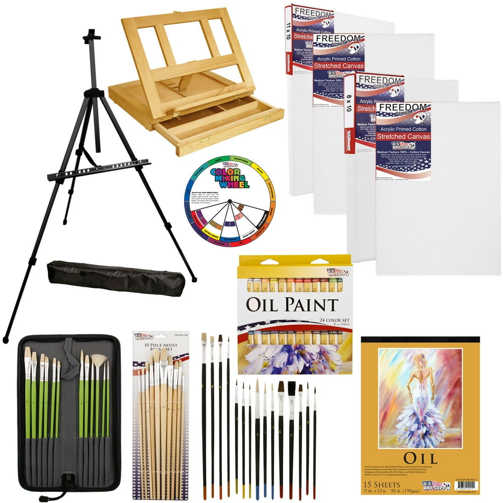 70 pc Deluxe Oil Painting Set Wood & Field Easel 24 Colors Brushes