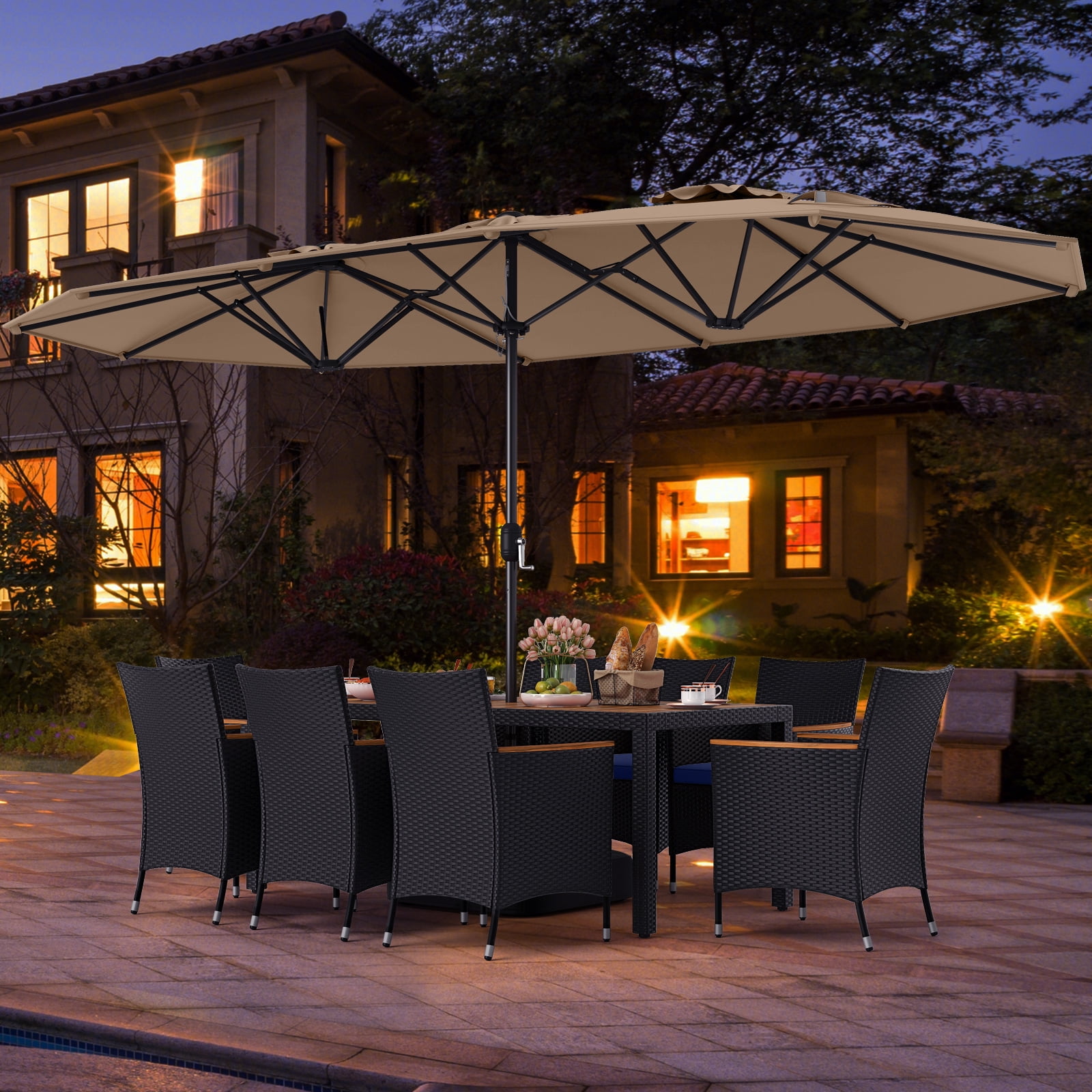 Costway 11 PCS Patio Wicker Dining Set with Double-Sided Outdoor Umbrella 8 Stackable Chairs