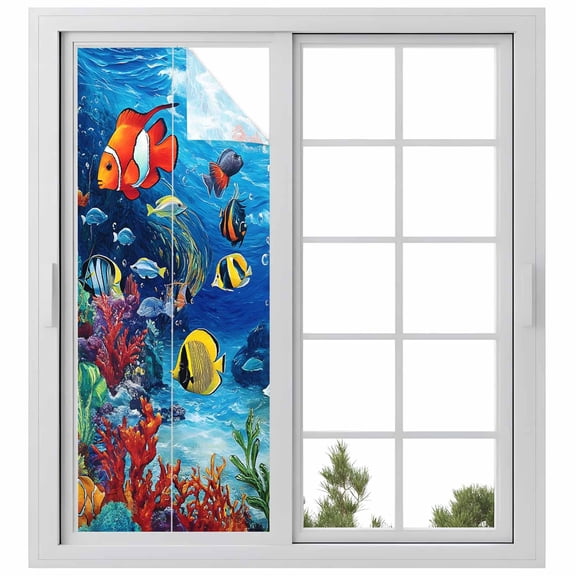 Ocean Underwater Window Privacy Film World Tropical Fish Coral Color Marine Life Decorative Glass Window Film UV Blocking Static Cling Non-Adhesive Sticker Covering for Home Door 23.6 x 59 inches