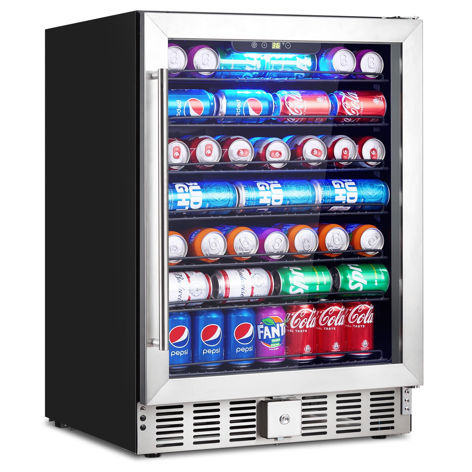 Beverage Fridge, 24'' Under Counter Beverage Refrigerator, 166 Can Capacity Mini Fridge with Glass Door, Intelligent Digital Control Beverage Cooler for Drink, Beer, Soda, Water
