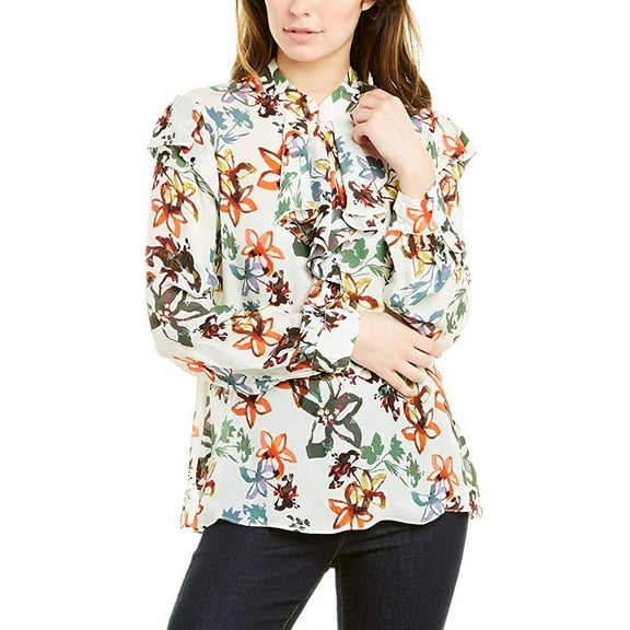 Nicole Miller Artelier IVORY/MULTI Autumn Dream Silk Ruffle Blouse, US Petite