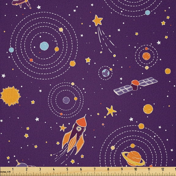 Ambesonne Space Fabric by the Yard Microfiber, Galaxy Elements Cartoon Style, 5 Yards, Dark Purple Multicolor
