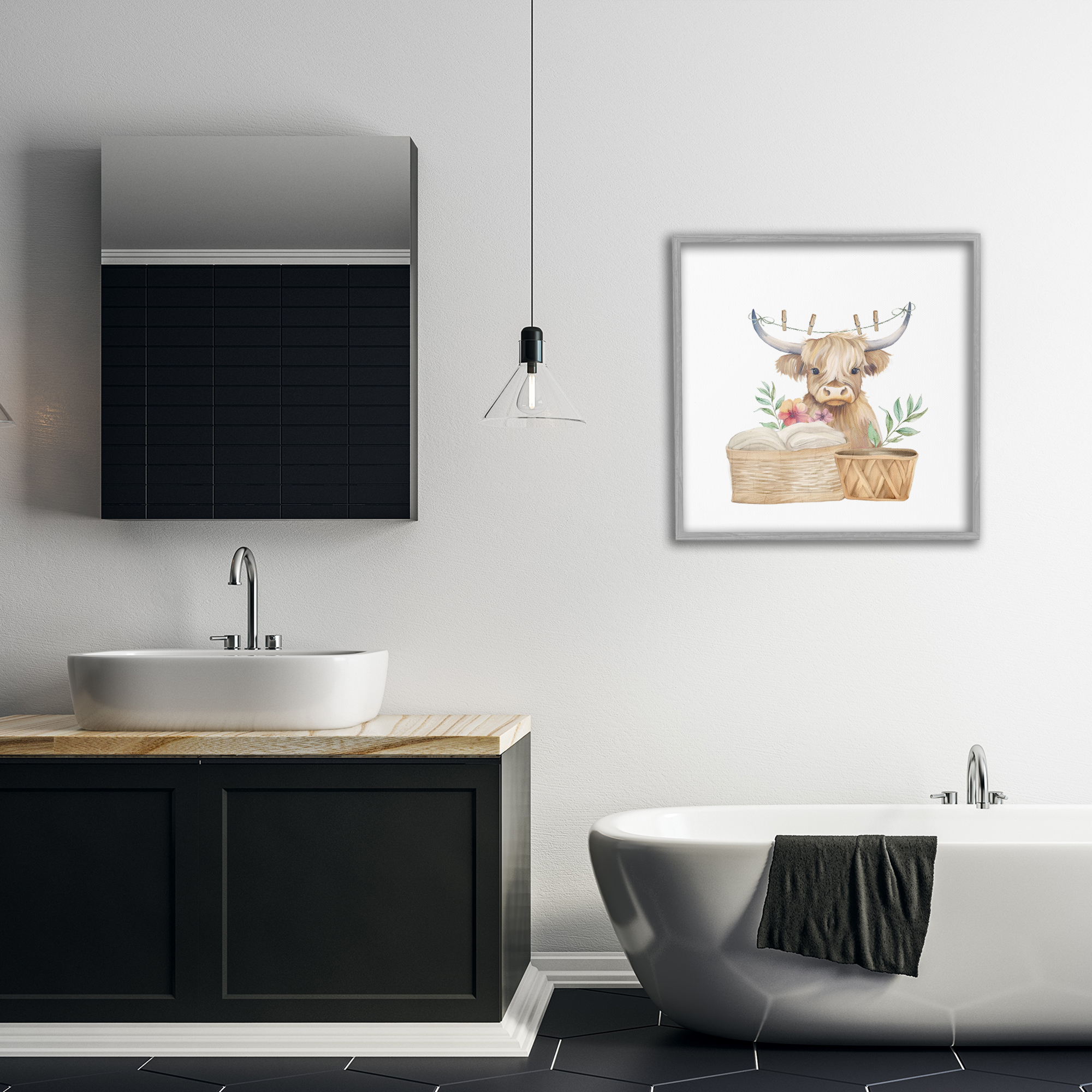 Laundry Day Baby Cattle Gray Framed Giclee Art, design by Kim Allen