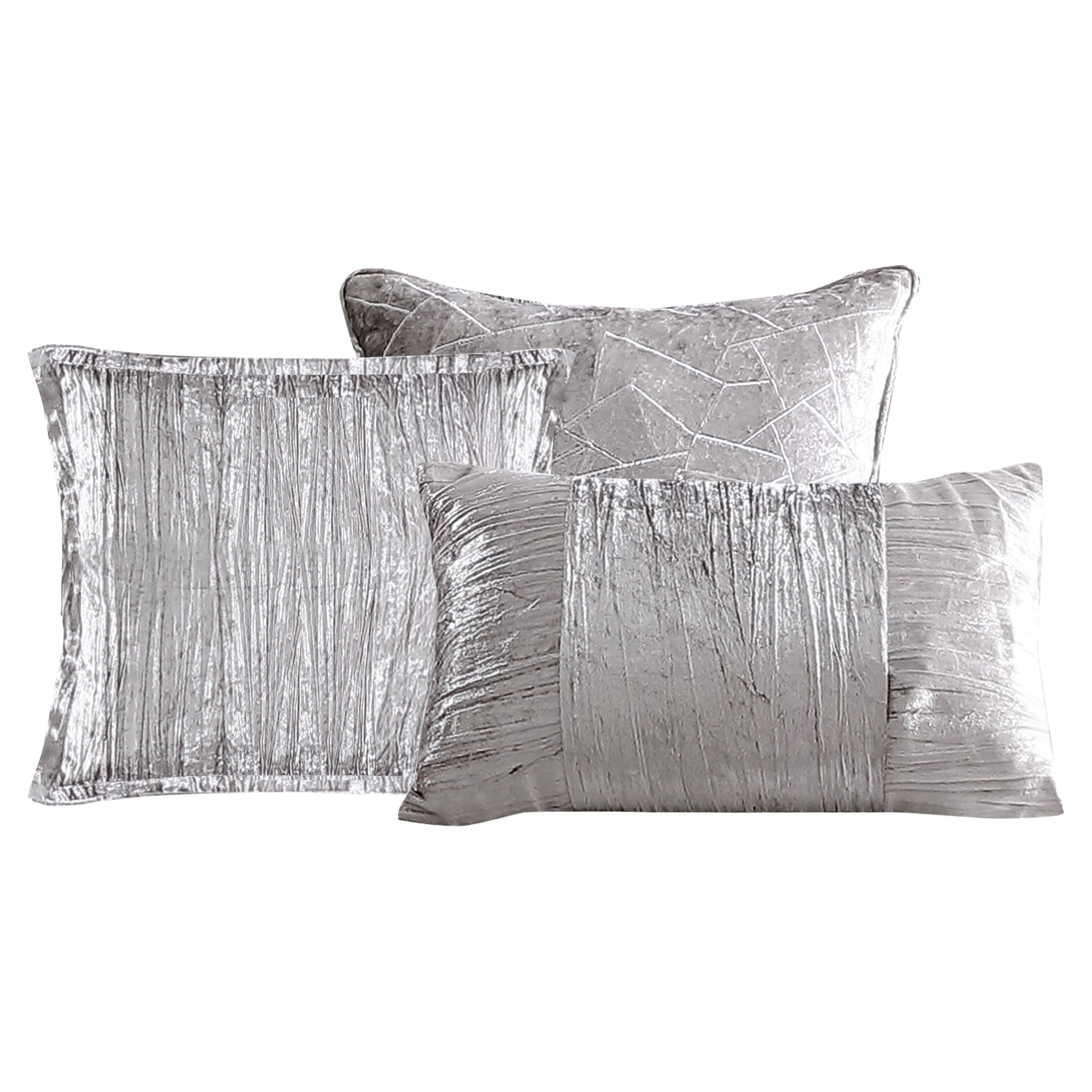Riverbrook Home 7 Piece Comforter Set, King, Silver, Turin Silver Crinkle Velvet, Polyfill, Adult