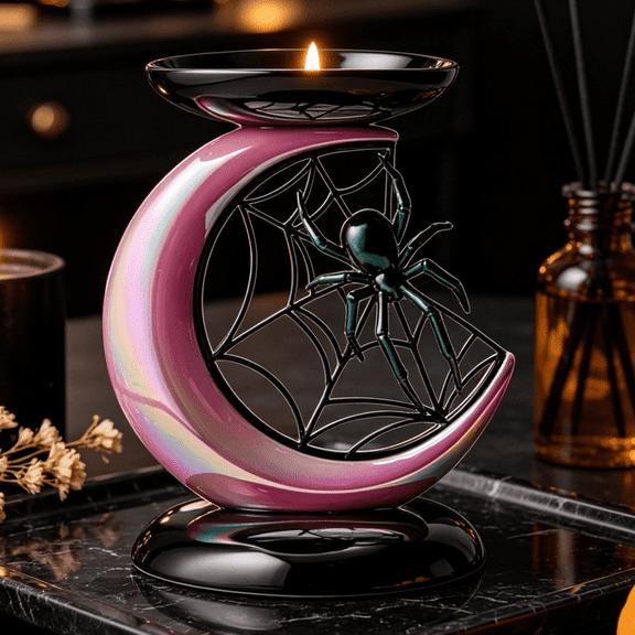 2026 Spider and Moon Pedestal 3-Wick Candle Holder - Halloween Spider and Moon Pedestal Candle Holder, Gothic Triple Wick Candlestick Stand, Spooky Home Tabletop Decor