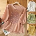 thumbnail image 1 of Fiudx Ofertas Relámpago Blusas Informales Holgadas con Botones Bordados para Mujer, Manga Corta, Cuello Alto con Abertura Lateral, 1 of 7