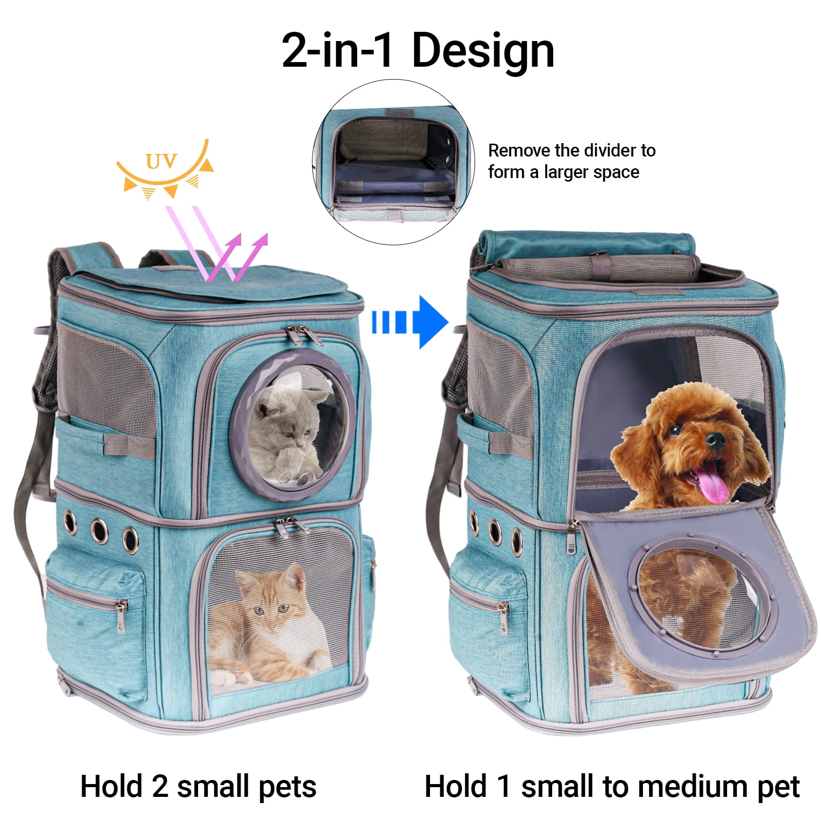 2-in-1 Pet Carrier Backpack for Two Cats or One Dog, Green Double-Layer 2 Compartment Carry Bag to Transport Small Animals Traveling and Hiking, Space Capsule Clear Bubble Dome