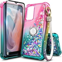 Compatible with Samsung Galaxy A53 5G Case with Tempered Glass Screen Protector, Ring Holder/Wrist Strap, Nagebee Glitter Liquid Floating Waterfall Cute Phone Cover (Pink/Aqua)