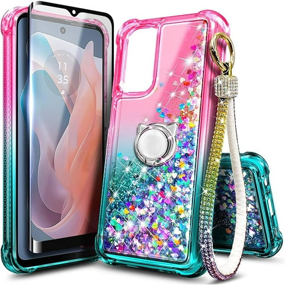 Compatible with Samsung Galaxy A53 5G Case with Tempered Glass Screen Protector, Ring Holder/Wrist Strap, Nagebee Glitter Liquid Floating Waterfall Cute Phone Cover (Pink/Aqua)