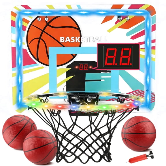 OMAKCOO Indoor Basketball Hoop with LED Lights & Scoreboard, Over The Door Mini Basketball Hoop Toys for Kids Ages 3-12