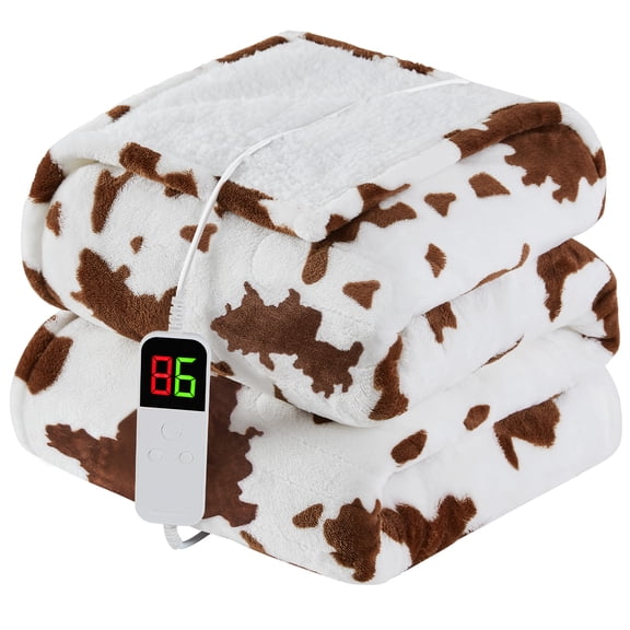 MEUDYT Cow Heated Electric Blanket for Adult, Flannel & Sherpa Heating Blanket with 10 Heat Levels, 1/2/4/8 Hours Auto-Off, 50.1"x 60.1", Cow Print Brown