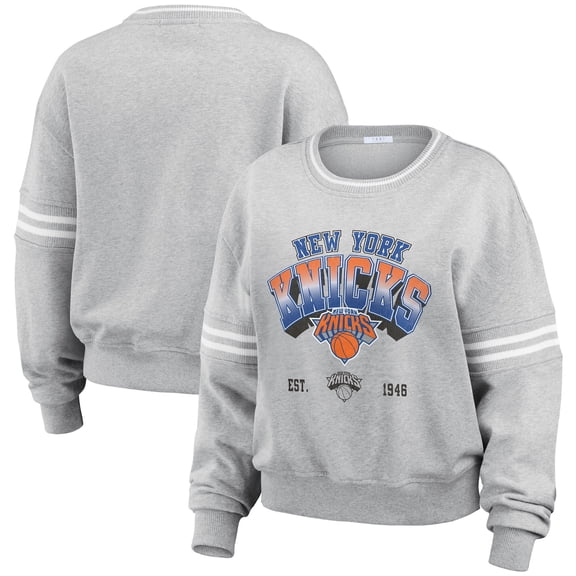 Women's WEAR by Erin Andrews Gray New York Knicks Sleeve Stripe Fleece Crewneck Sweatshirt