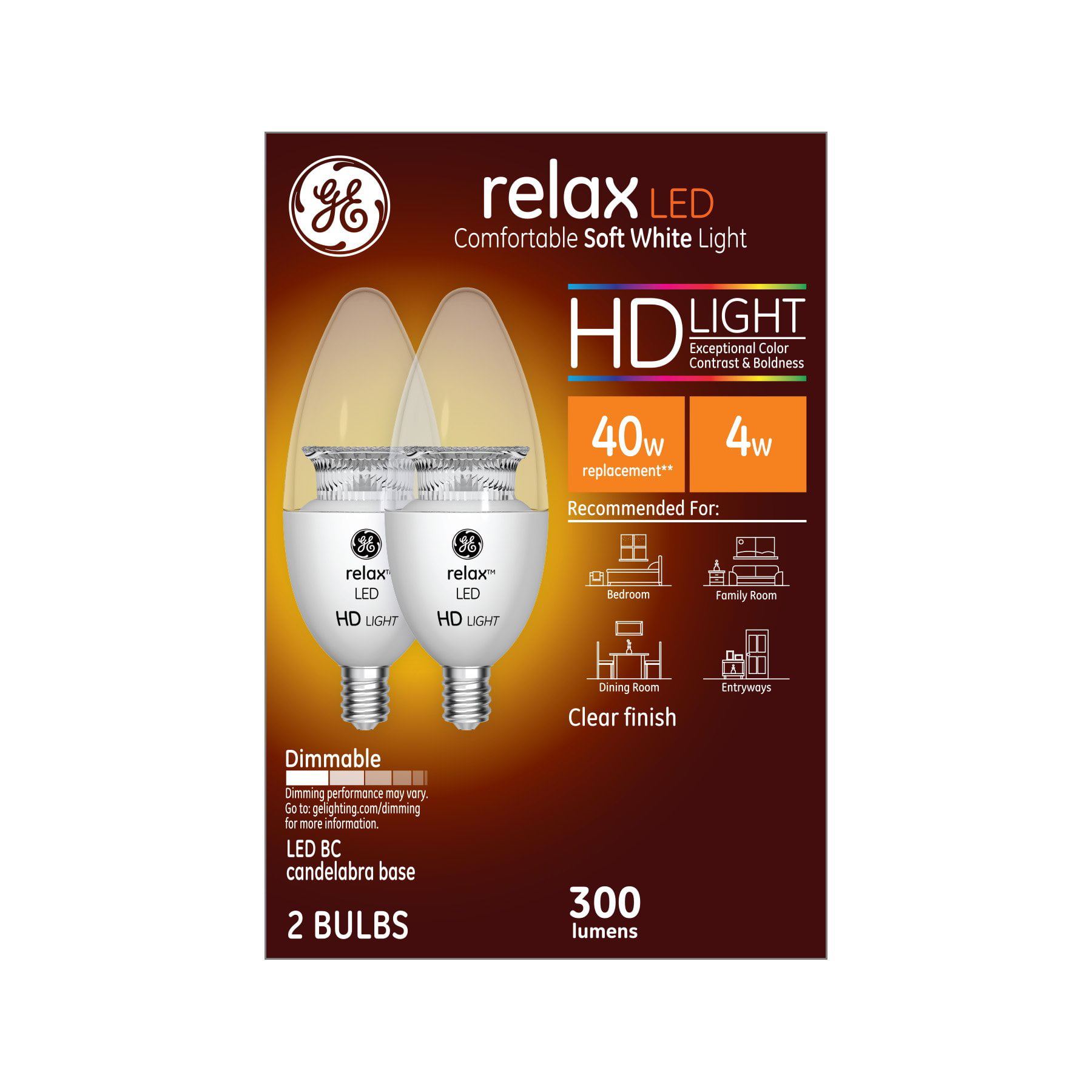 Sammenligne Tolk audition GE Lighting Relax LED HD 4-watt (40-watt Replacement), 300-Lumen Blunt Tip  Light Bulb with Candelabra Base, 2-Pack - Walmart.com