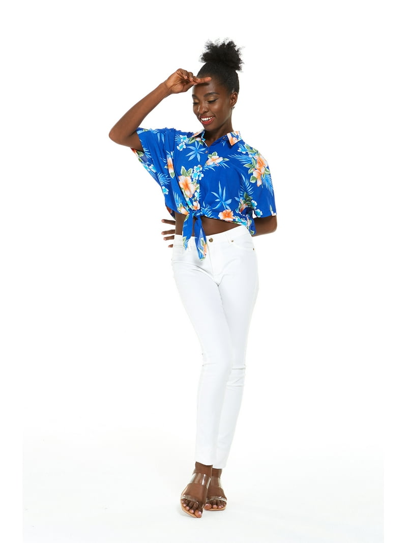 Women's Hawaiian Tie Front Crop Top Aloha Shirt in Hibiscus Blue L