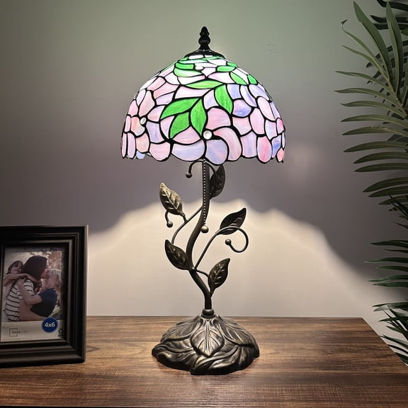 Purple Stained Glass Table Lamp Green Leaves LED Bulb Included for Living Room Bedroom Bedside 10"W*10"D*20"H