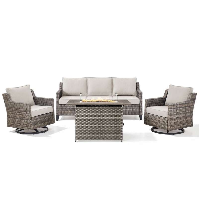 PARKWELL 4 Piece Outdoor Patio Furniture Set with Fire Pit Table,All-Weather Conversation Set with Luxury 4-Inch Thick Cushions,Swivel Glider Chair,5-Seat Furniture Sets for Deck, Backyard,Gray/Beige