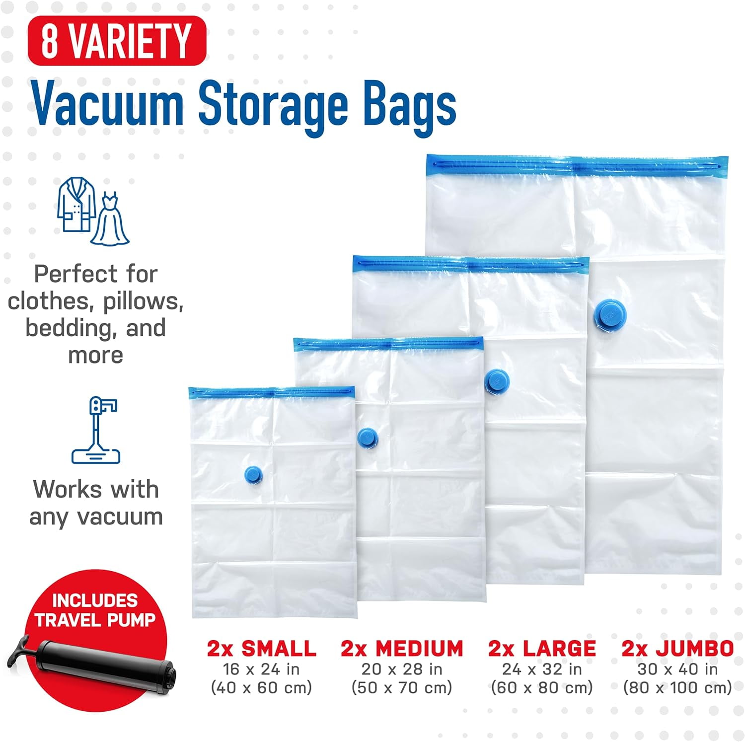 Vacuum Storage Bags with Hand Pump - Vacuum Seal Bags for Clothing, Comforters, Blankets - Reusable Compression Bags for Travel, Moving, Organization - 2S, 2M, 2L, 2XL Sizes - Pack of 8